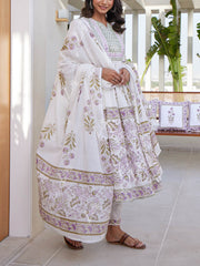Lilac And White Cotton Printed Suit Set