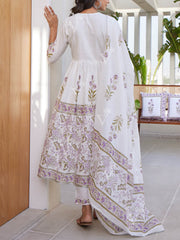 Lilac And White Cotton Printed Suit Set