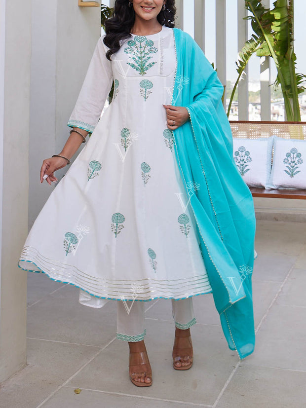 Sky Blue And White Cotton Printed Suit Set