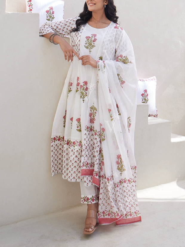Pink And White Cotton Printed Suit Set