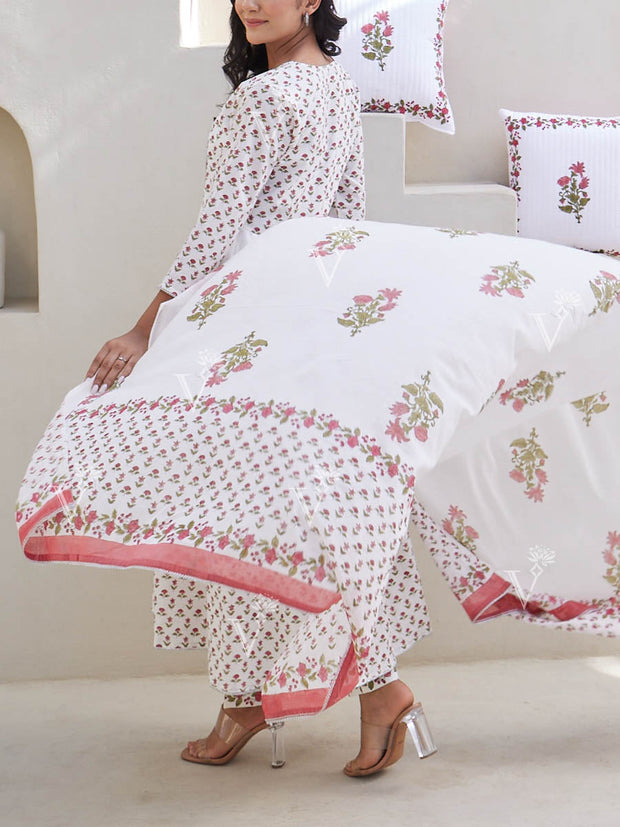 Pink And White Cotton Printed Suit Set