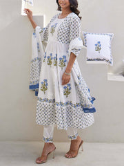 Blue And White Cotton Printed Suit Set