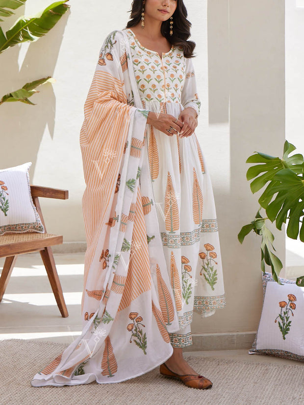 Orange And White Cotton Printed Suit Set