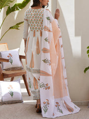 Orange And White Cotton Printed Suit Set