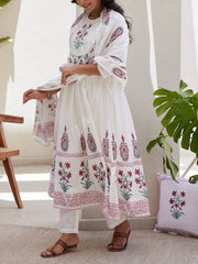 White And Pink Cotton Printed Suit Set