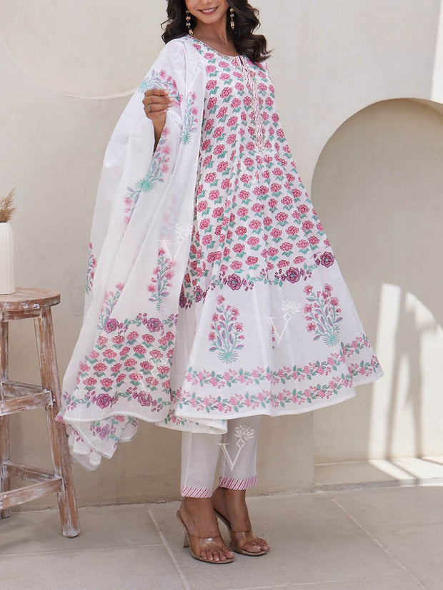 White And Pink Cotton Printed Suit Set