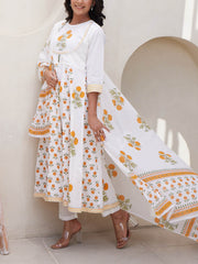 White And Yellow Cotton Printed Suit Set