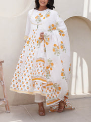 White And Yellow Cotton Printed Suit Set