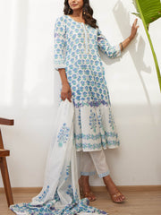 White And Blue Cotton Printed Suit Set