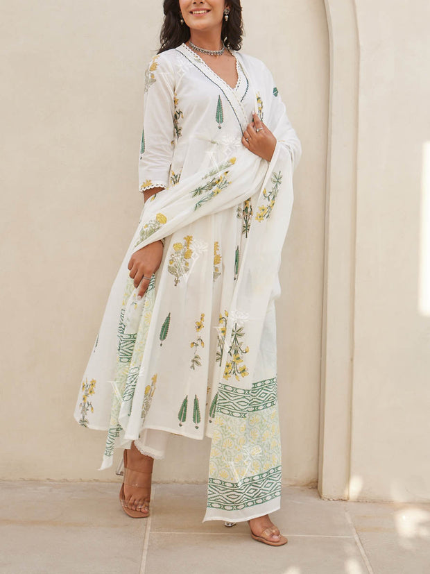 White Cotton Printed Suit Set