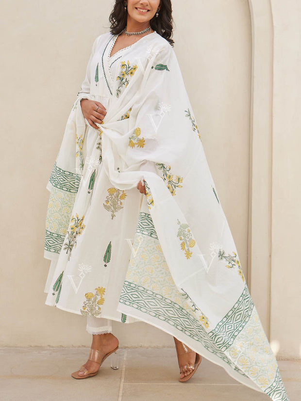 White Cotton Printed Suit Set