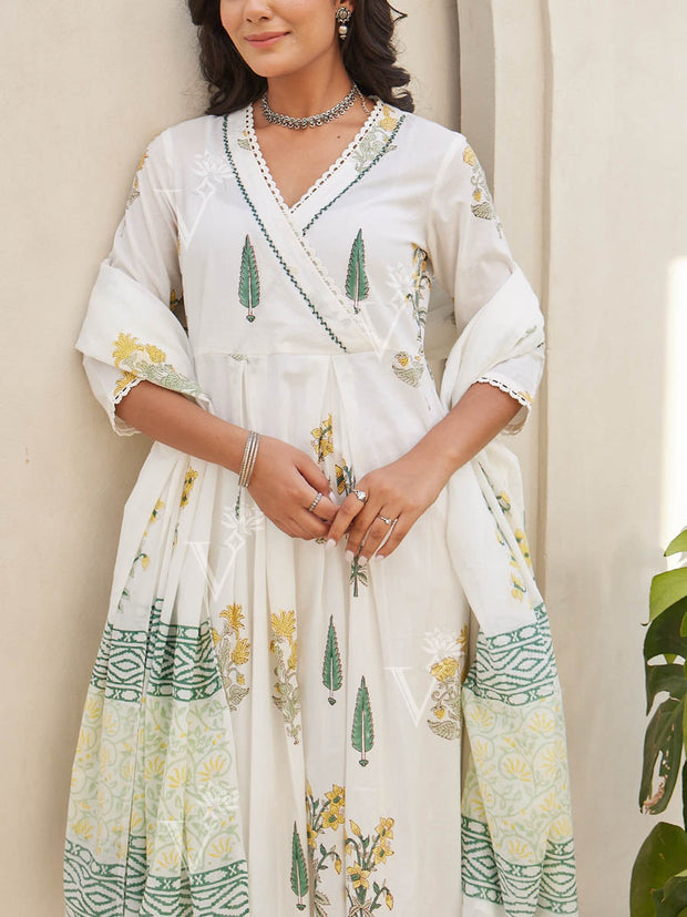 White Cotton Printed Suit Set