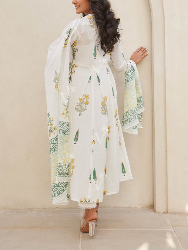 White Cotton Printed Suit Set