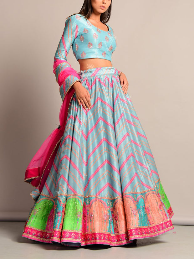 Cyan Blue Leheriya Lehenga Set