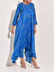 Blue Bhandej Printed Vasansi Silk Asymmetric Kurta Set