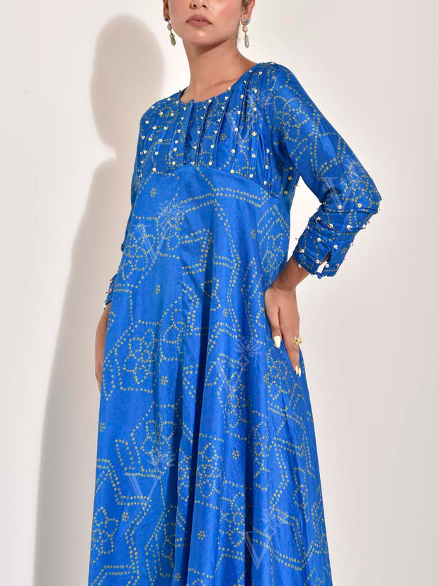 Blue Bhandej Printed Vasansi Silk Asymmetric Kurta Set