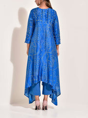 Blue Bhandej Printed Vasansi Silk Asymmetric Kurta Set