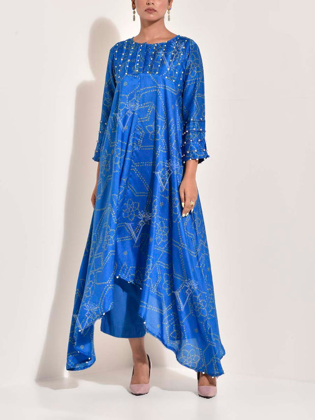 Blue , Bhandej Printed ,  Vasansi Silk , Asymmetric Kurta and Pant Set , pant set , co-ord set , monsoon24 , kurta and pant set