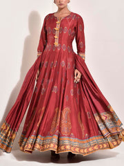 Maroon Vasansi Silk Printed Anarkali Gown