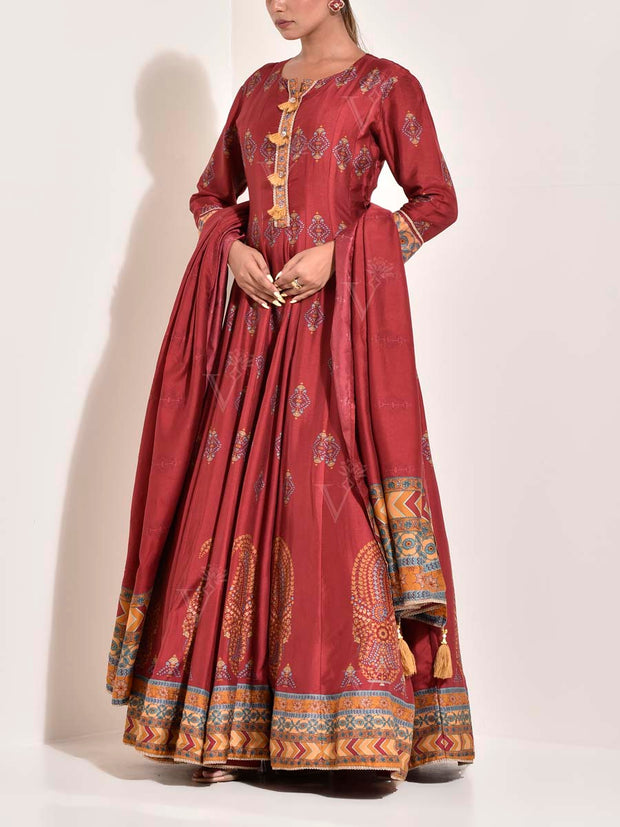 Maroon Vasansi Silk Printed Anarkali Gown