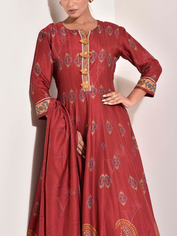 Maroon Vasansi Silk Printed Anarkali Gown