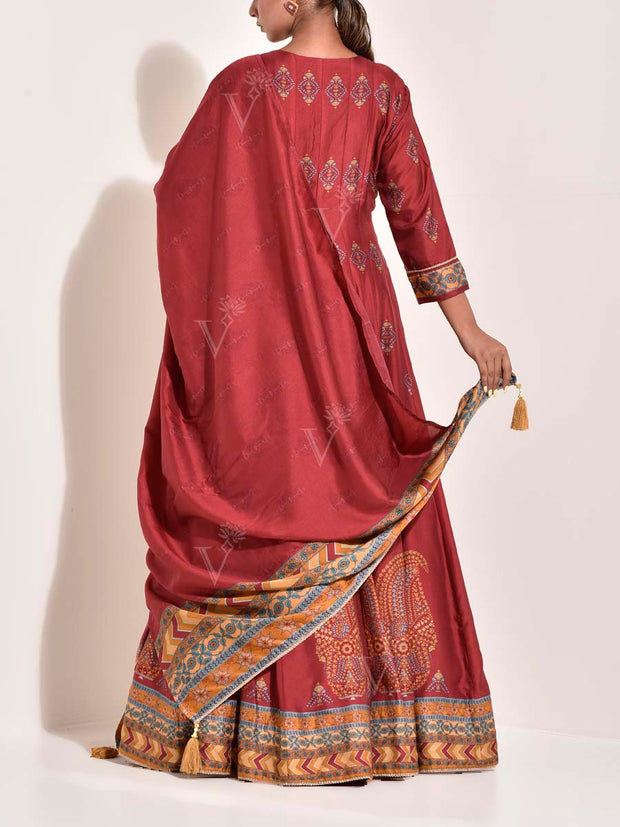 Maroon Vasansi Silk Printed Anarkali Gown