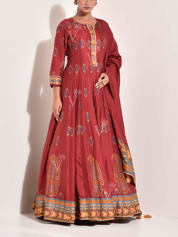 Maroon , Vasansi Silk ,  Printed  , Anarkali Gown , Gown