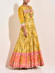 Lime Vasansi Silk Printed Leheriya Anarkali Gown