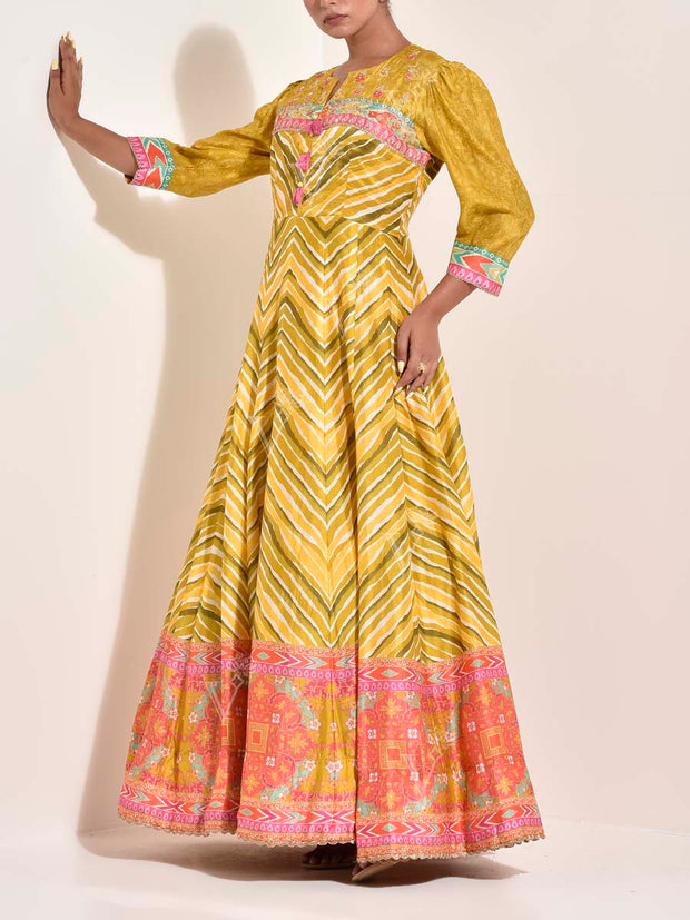 Lime Vasansi Silk Printed Leheriya Anarkali Gown