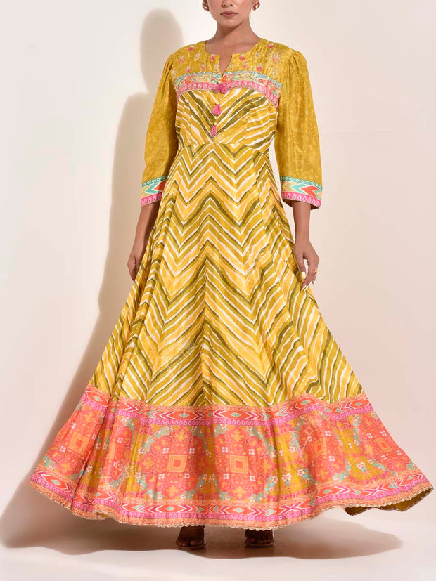 Lime Vasansi Silk Printed Leheriya Anarkali Gown