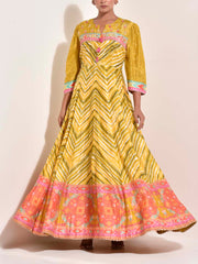 Lime , Green , Yellow , Vasansi Silk ,  Printed ,  Leheriya , Anarkali Gown , Gown , monsoon24