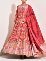 Red Vasansi Silk Printed Anarkali Gown