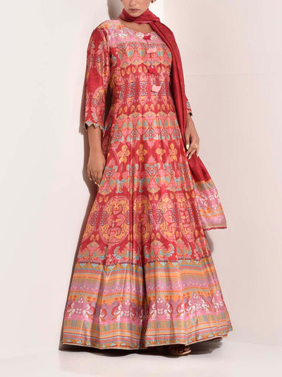 Red Vasansi Silk Printed Anarkali Gown