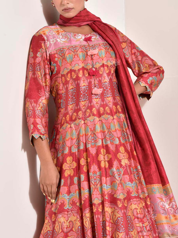 Red Vasansi Silk Printed Anarkali Gown