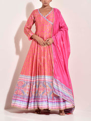 Pink and Peach Vasansi Silk Printed Anarkali Gown