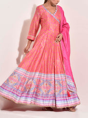 Pink and Peach Vasansi Silk Printed Anarkali Gown