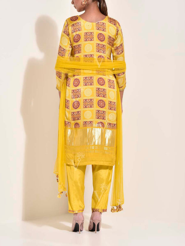 Yellow Silk Embroidered Suit Set