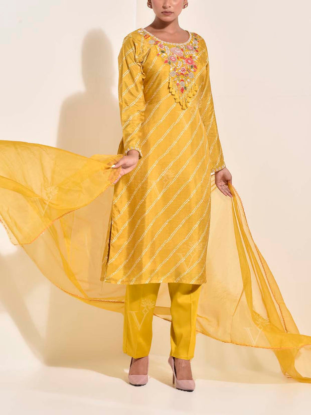 Yellow Modal Silk Embroidered Suit Set