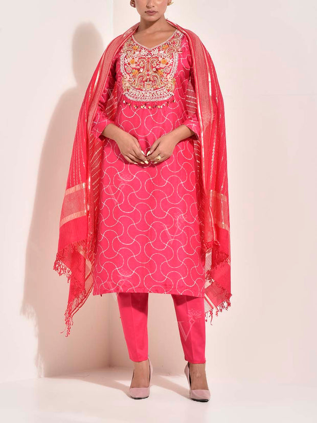 Pink Silk Embroidered Suit Set