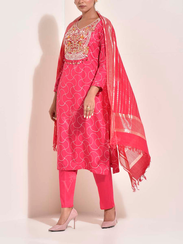 Pink Silk Embroidered Suit Set