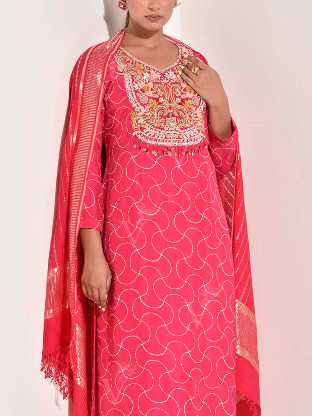 Pink Silk Embroidered Suit Set