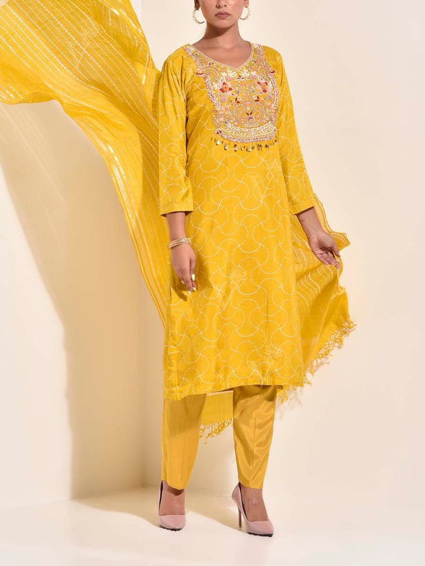 Yellow Modal Silk Embroidered Suit Set