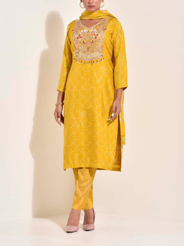 Yellow Modal Silk Embroidered Suit Set