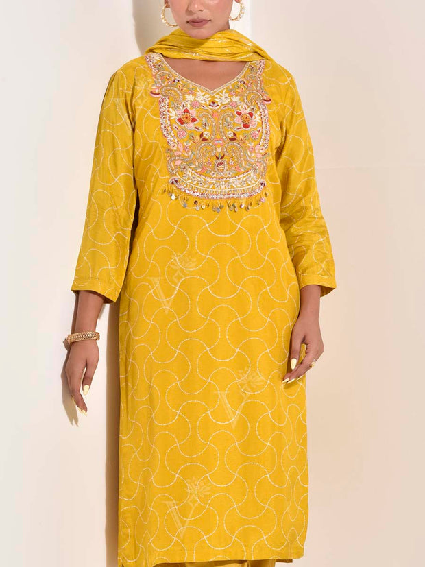 Yellow Modal Silk Embroidered Suit Set