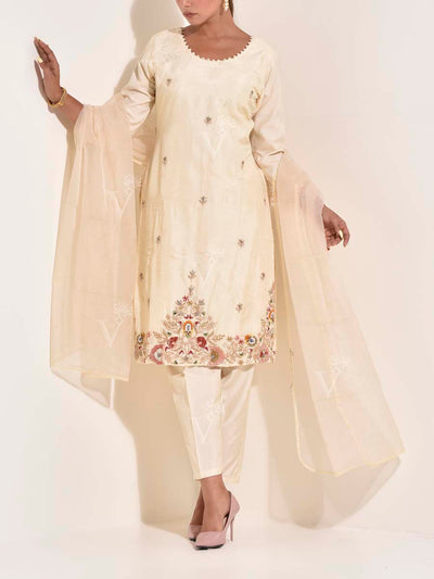 Off- White Silk Embroidered Suit Set