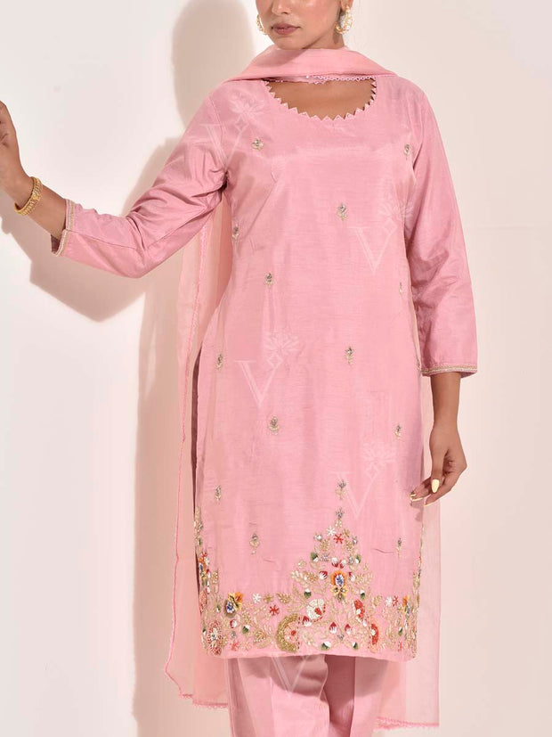 Pink Silk Embroidered Suit Set