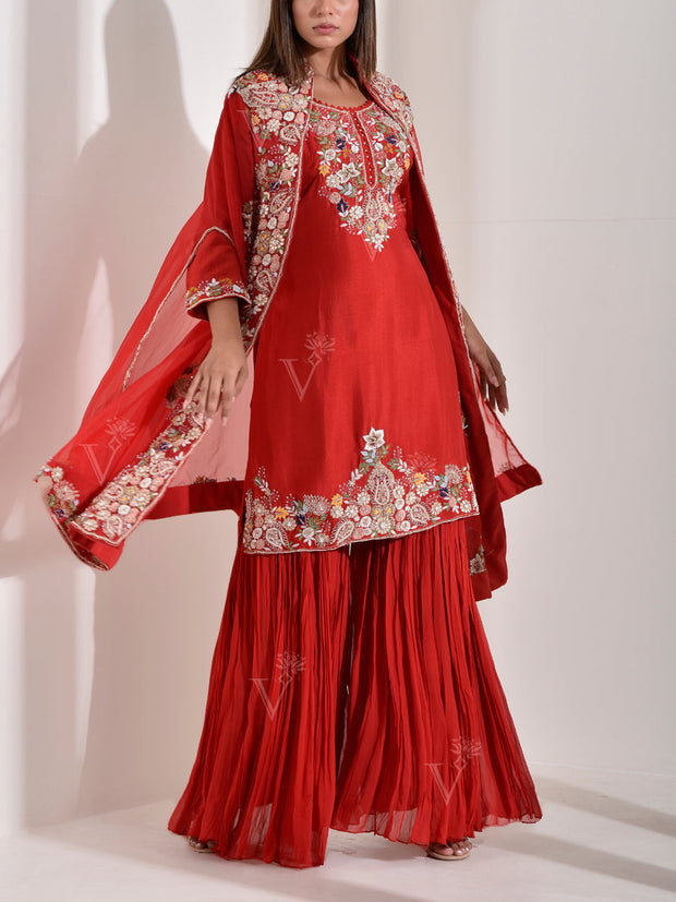 Red Embroidered Kurta with Jacket and Sharara Set