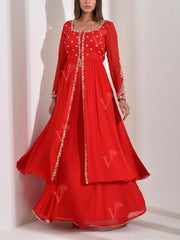 Red Georgette Kurta and Skirt with Bandhani Dupatta