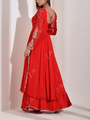 Red Georgette Kurta and Skirt with Bandhani Dupatta