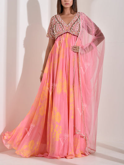 Pink Floral Printed Embroidered Wrinkle Crepe Gown